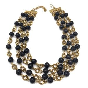 Vintage Monet Multi Strand Black Bead & Gold-Tone Chain Necklace